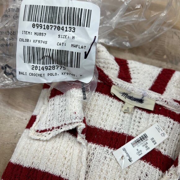 Madewell Bali Crochet Polo Red White Striped Short Sleeve Top Size Medium NWT - Picture 9 of 11